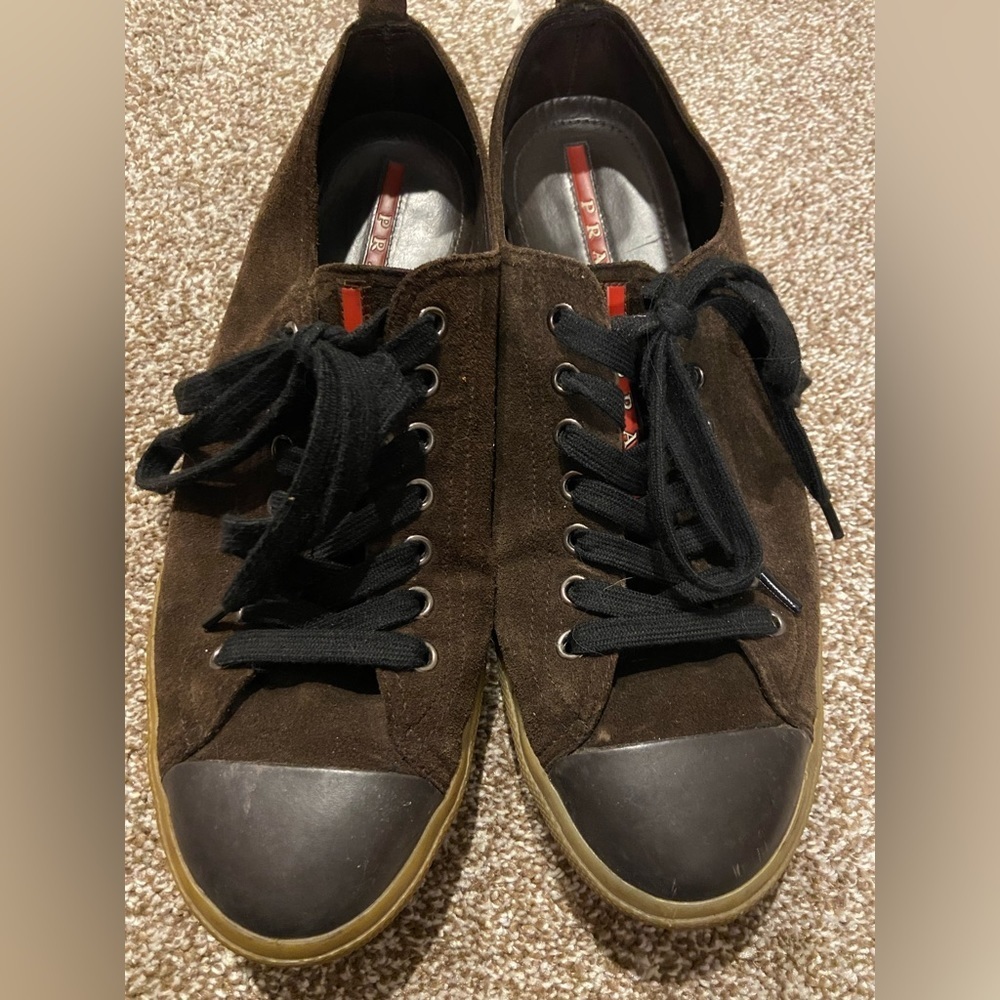 Prada Men’s Size 9.5 US Low Top Lace Up Brown Suede Sneakers Shoes 4E1938.